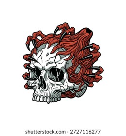 Detaillierte Vektorgrafik eines Schädels mit rot gekrallten Händen, die daraus hervorgehen und ein auffälliges und makabres Bild erzeugen.