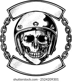 A detailed vector illustration of a skull wearing a helmet with a chain wrapped around it. Perfect for motorcycle emblems or logos, and also great for biker club t-shirts, giving a tough and bold look