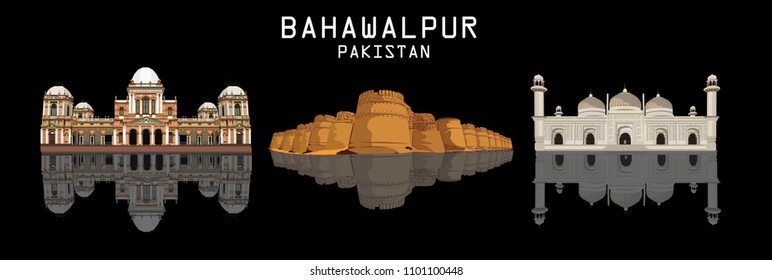 Detailed vector / illustration of skyline of Bahawalpur Pakistan including Noor Mahal , Derawar Fort and Mosque svg