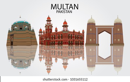 Detailed vector illustration of Skyline of Multan Pakistan in white background with reflection, showing Tomb of Shah Rukn-e-Alam , Ghanta Ghar and Bab-e-Qasim Multan fort.