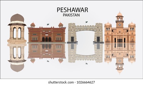 Detailed vector illustration of Skyline of Peshawar Pakistan in white background with reflection, showing Khyber Pass , Islamia College , Peshawar Museum and Yadgar Chowk