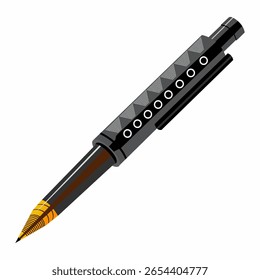 Detailed vector illustration of a sleek black fountain pen with metallic and golden accents. Ideal for writing, office, or education themes.