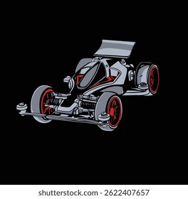 A detailed vector illustration of a sleek and futuristic RC (remote control) buggy car, set against a dark background. The design features bold red and gray color accents, aerodynamic contours, visibl
