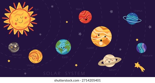 Ilustración vectorial detallada del sistema solar sobre un fondo cósmico oscuro con planetas y estrellas. Diseño para carteles educativos, presentaciones, libros de texto, materiales de aprendizaje.