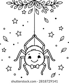 A detailed vector illustration of a spider wearing a bow tie, suspended from a strand, perfect for playful designs.