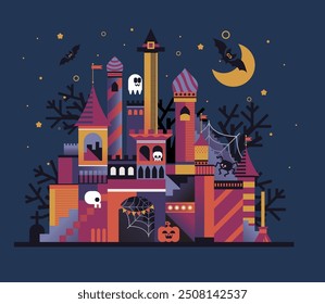 A detailed vector illustration of a spooky Halloween castle, complete with ghosts, bats, and eerie trees. Ideal for Halloween-themed projects, decorations, or invitations.