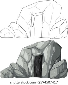 Detailed vector illustration of a stone cave entrance, showcasing both line art and colored versions with realistic textures