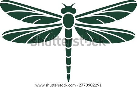 A detailed vector illustration of a stylized dark green dragonfly, featuring 4 distinct wings. This elegant graphic element is ideal for modern nature-inspired.