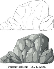A detailed vector illustration of stylized rocks, showcasing both line art and colored versions. Ideal for design projects