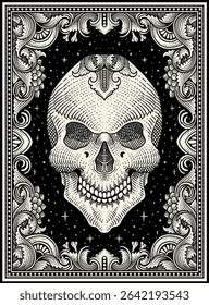 A detailed vector illustration of a sugar skull with decorative patterns, enclosed within an ornate, swirling frame and a starry black background.