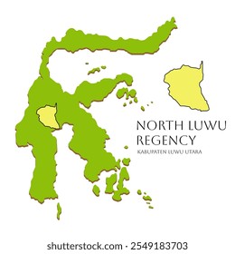 Eine detaillierte Vektorgrafik der Sulawesi-Karte, die North Luwu Regency, South Sulawesi Province, Indonesien, einschließlich seiner Stadt- und Regentschaftsabteilungen, hervorhebt.