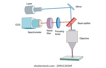 Detailed Vector Illustration of Surface Enhanced Raman Spectroscopy Principle and Instrumentation on White Background for Scientific Applications.