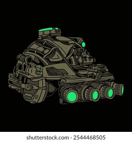 Detailed vector illustration of a tactical helmet featuring an intricate design with multiple lights and using night vision googles.