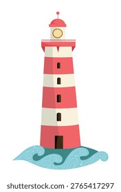 Detailed vector illustration of a tall red and white striped lighthouse with a light on top. The scene captures a classic nautical and navigational element.