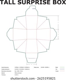 Detailed vector illustration of a tall surprise box template with dimensions for packaging and design