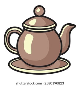 A detailed vector illustration of a tea kettle, featuring a curved spout, a sturdy handle, and a polished metal body. 