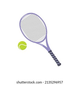 Detailed vector illustration of tennis racket and ball. Equipment for tennis sport game. Isolated on white background. Flat design