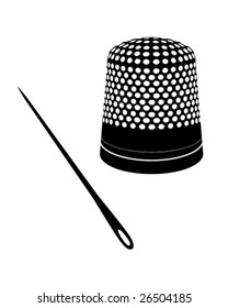 Detailed Vector Illustration Of Thimble And Needle Silhouettes.