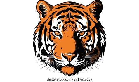 Ilustración vectorial detallada de la cara de un tigre, mostrando su expresión feroz y llamativas rayas naranjas y negras. Este potente diseño es perfecto para los entusiastas de la vida silvestre y diseñadores gráficos