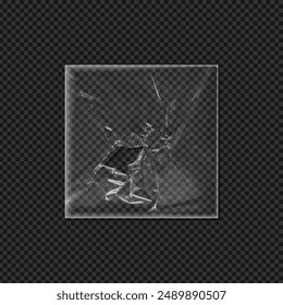 Detailed vector illustration of torn plastic packaging. Realistic texture of a square shaped plastic bag, ideal for CD cover overlay, on an isolated black background.