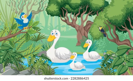 A Detailed Vector Illustration of a Tranquil Pond, Lush Forest, and Soaring Birds, Perfect for Creating a Calming and Relaxing Atmosphere in Any Room