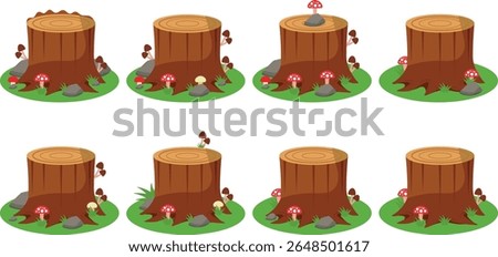 A detailed vector illustration of a tree stump, highlighting natural textures and earthy tones for a rustic, woodland feel.