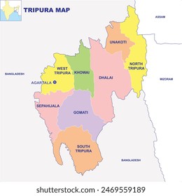 Detailed vector Illustration of Tripura map District map with neighbour