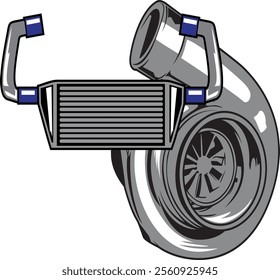 Detailed vector illustration of a turbocharger and intercooler, emphasizing high-performance design and engineering for automotive enthusiasts