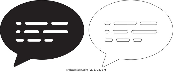 Ilustración vectorial detallada de dos burbujas de chat, una en negro sólido y la otra en forma de contorno, sobre un fondo blanco puro, que representa la conversación y el diálogo