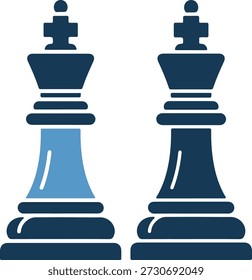 Una Ilustración vectorial detallada de dos piezas de ajedrez, una con un acento azul claro, de pie una al lado de la otra sobre un fondo blanco puro, mostrando un contraste llamativo entre el azul oscuro y el azul claro