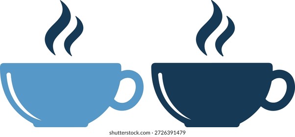 Ilustração vetorial detalhada de duas xícaras de café em tons claros e azuis escuros, com vapor emergindo deles, transmitindo uma sensação de calor e conforto.