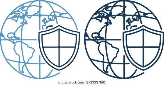 Detailed vector illustration of two globes with shields on them in blue tones, symbolizing global protection and security