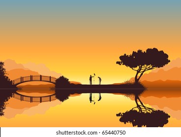 Detailed vector illustration of two golfers playing on an islet green in the sunset in beautiful landscape