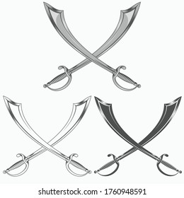 Ilustración vectorial detallada de dos espadas de rebaño en X, en escala de grises
