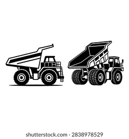 Detailed vector illustration of two large dump trucks, showcasing their robust design and industrial purpose in a black and white style.