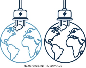 Ilustración vectorial detallada de dos bombillas con contornos del mapa del mundo y símbolos eléctricos, una en azul claro y la otra en azul oscuro, sobre un fondo blanco puro