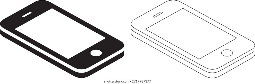 Ilustración vectorial detallada de dos teléfonos móviles, uno en negro sólido y el otro en forma de contorno, sobre un fondo blanco puro, mostrando un diseño elegante y tecnología moderna