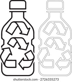 Ilustración vectorial detallada de dos botellas de reciclaje, una llena y otra delineada, con símbolos de reciclaje en ellas, aisladas sobre fondo blanco, colores blanco y negro