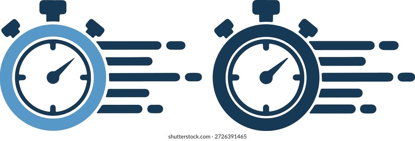 Detailed vector illustration of two stopwatches in light and dark blue shades, side by side, with motion lines around them, conveying speed and time concept.