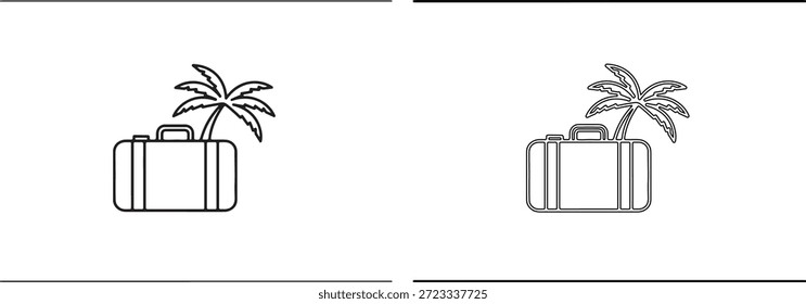 Ilustración vectorial detallada de dos maletas con palmeras en la parte superior en líneas negras sobre fondo blanco, concepto de viaje