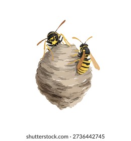 Detailed vector illustration of two yellow jacket wasps on their nest. Ideal for pest control, nature education, or wildlife projects.
