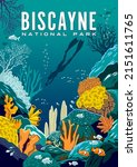 Detailed vector illustration of an underwater coral reef with fishes, diver and colorful corals in the background. Biscayne National Park travel poster. Handmade drawing vector illustration.