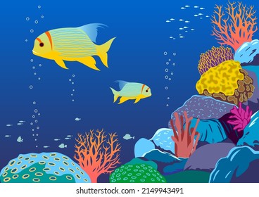 Detailed vector illustration of an underwater coral reef with fishes, algae and colorful corals in the background. Handmade vector poster template.