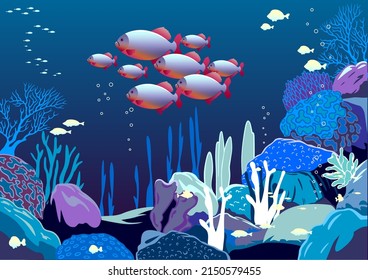 Detailed vector illustration of an underwater coral reef with fishes, algae and colorful corals in the background. Handmade vector poster template.