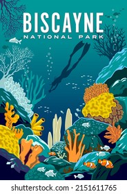 Detailed vector illustration of an underwater coral reef with fishes, diver and colorful corals in the background. Biscayne National Park travel poster. Handmade drawing vector illustration.