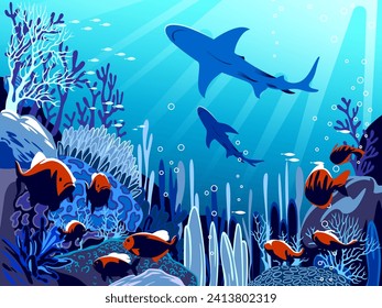 Detailed vector illustration of an underwater coral reef with fishes, algae and colorful corals in the background. Handmade vector poster template.