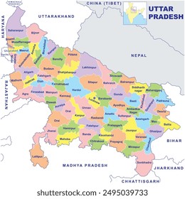 Ilustración vectorial detallada de Uttar Pradesh mapa de Estado y Distrito mapa con el vecino mapa geográfico de Uttar Pradesh.