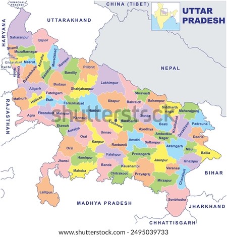 Detailed vector Illustration of Uttar Pradesh map State and District map with neighbour geographical map of Uttar Pradesh.