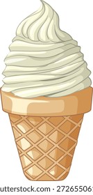 Eine detaillierte Vektorgrafik von Vanille-Soft-Serve-Eis in einem knusprigen Waffelkegel