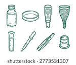 Detailed vector illustration of various laboratory equipment, including flasks, test tubes, and measuring devices, ideal for scientific and educational purposes.